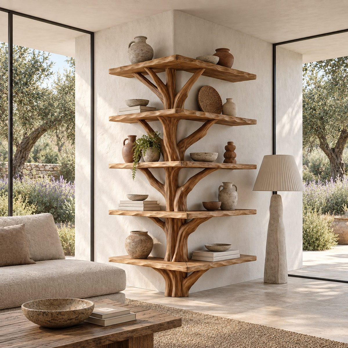 Outside Corner Tree Bookshelf with L Shaped Live Edge Shelves Wrapping a Wall Corner, Sculpted Trunk
