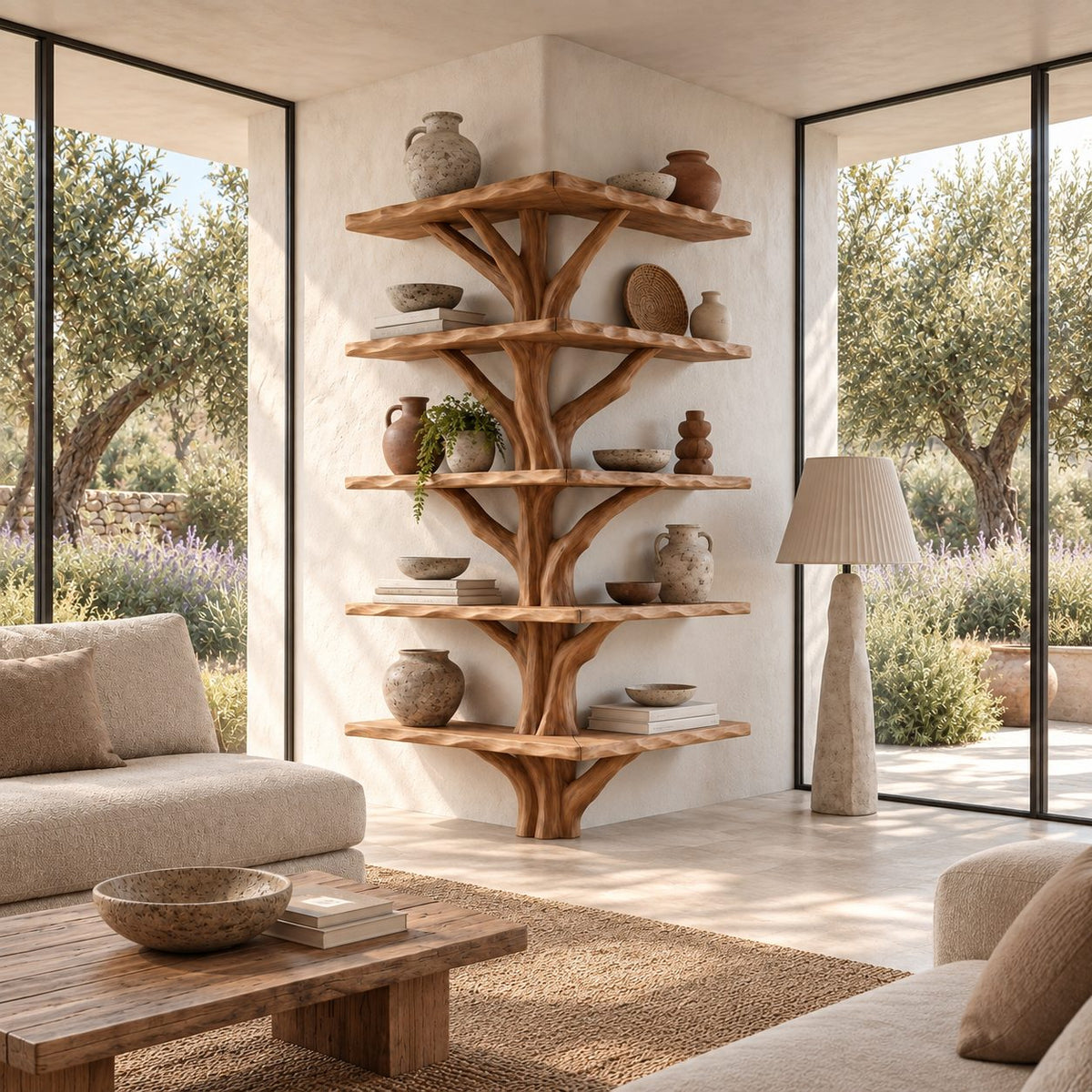 Outside Corner Tree Bookshelf with L Shaped Live Edge Shelves Wrapping a Wall Corner, Sculpted Trunk