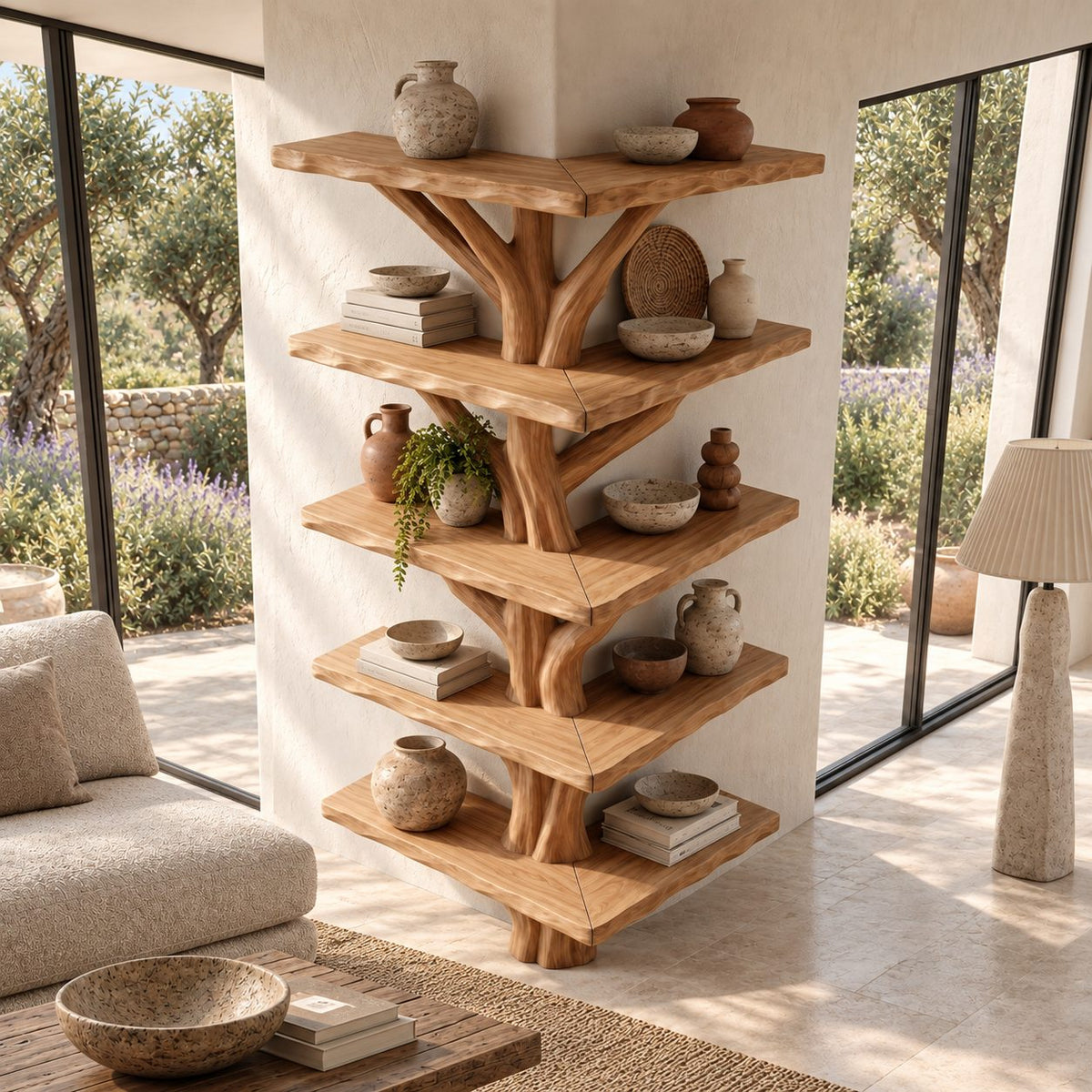 Outside Corner Tree Bookshelf with L Shaped Live Edge Shelves Wrapping a Wall Corner, Sculpted Trunk