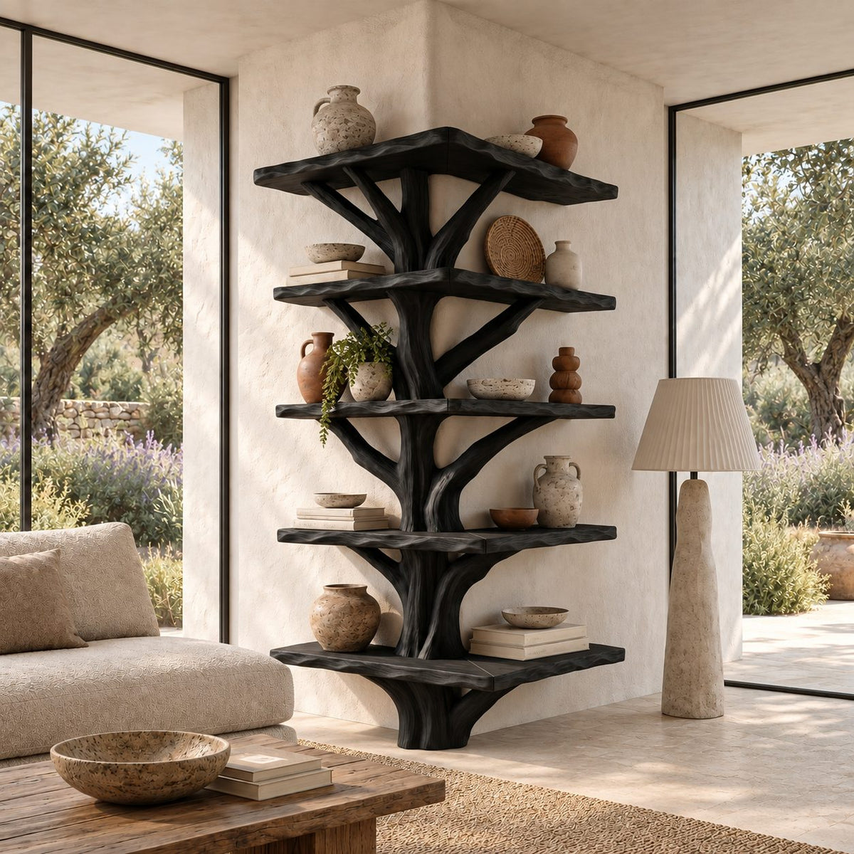 Outside Corner Tree Bookshelf with L Shaped Live Edge Shelves Wrapping a Wall Corner, Sculpted Trunk