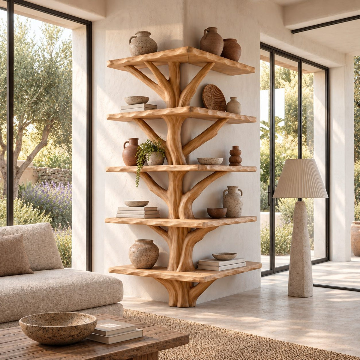 Outside Corner Tree Bookshelf with L Shaped Live Edge Shelves Wrapping a Wall Corner, Sculpted Trunk