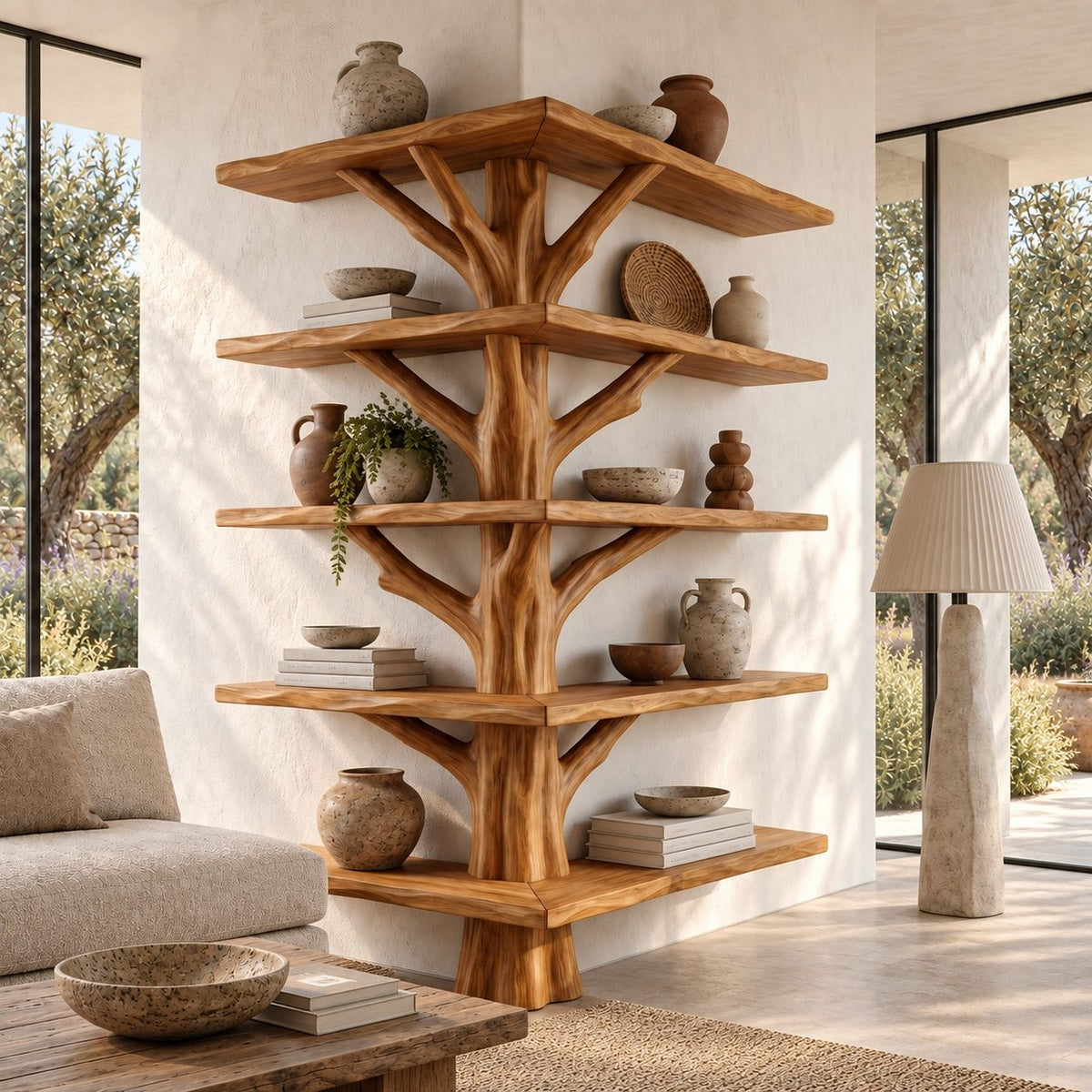 Outside Corner Tree Bookshelf with L Shaped Live Edge Shelves Wrapping a Wall Corner, Sculpted Trunk