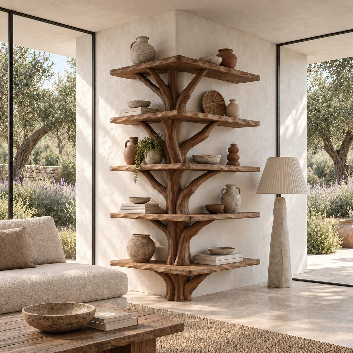 Outside Corner Tree Bookshelf with L Shaped Live Edge Shelves Wrapping a Wall Corner, Sculpted Trunk
