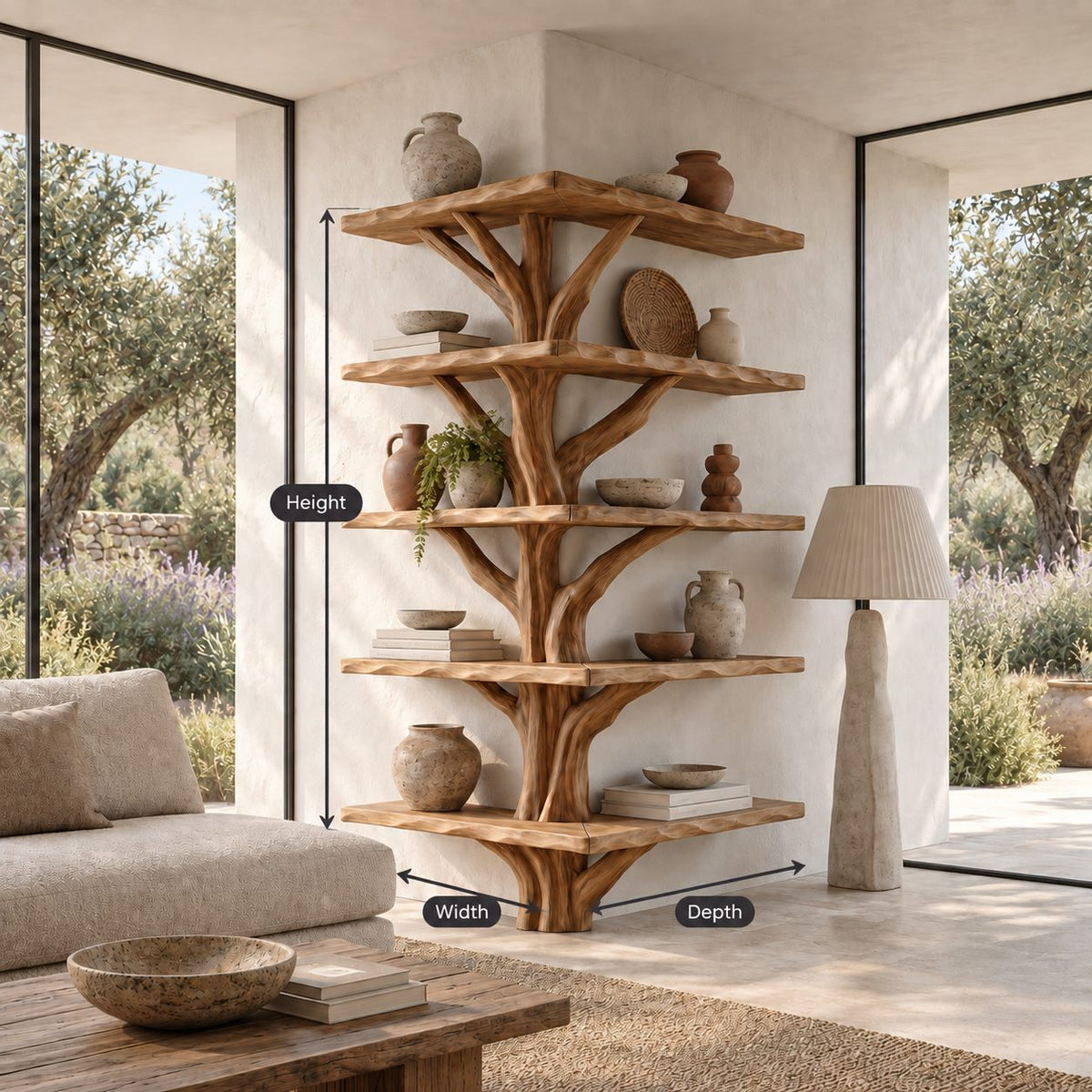Outside Corner Tree Bookshelf with L Shaped Live Edge Shelves Wrapping a Wall Corner, Sculpted Trunk