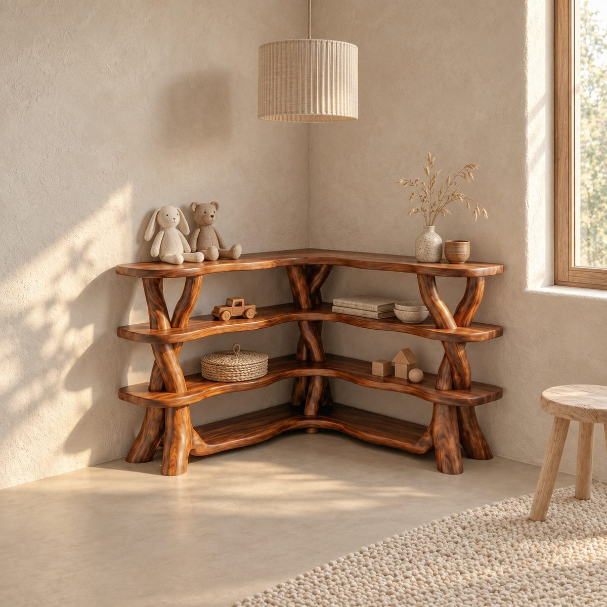 Low Corner Bookcase with Twisted Branch Legs and Wavy Live Edge Shelves, L Shaped Corner Bookshelf