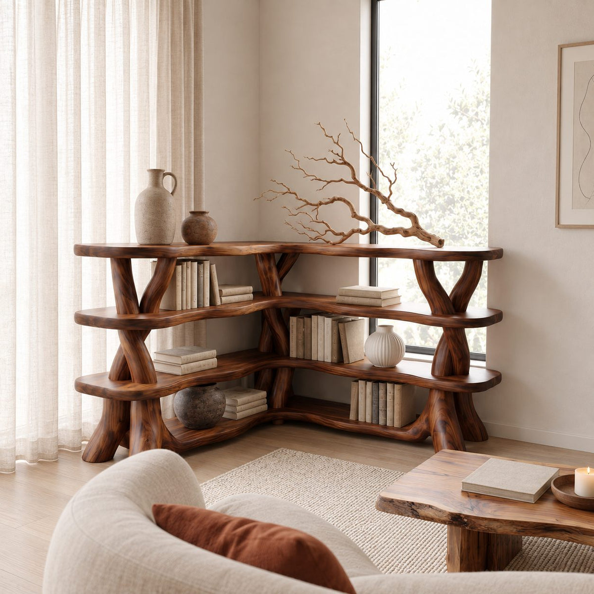 Low Corner Bookcase with Twisted Branch Legs and Wavy Live Edge Shelves, L Shaped Corner Bookshelf
