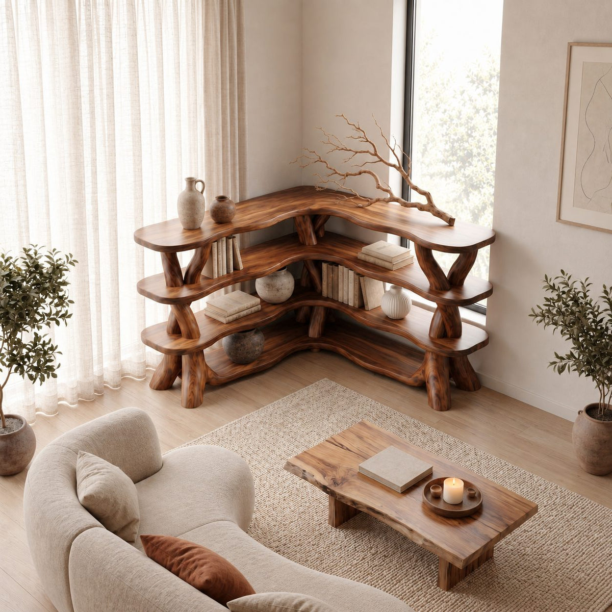 Low Corner Bookcase with Twisted Branch Legs and Wavy Live Edge Shelves, L Shaped Corner Bookshelf