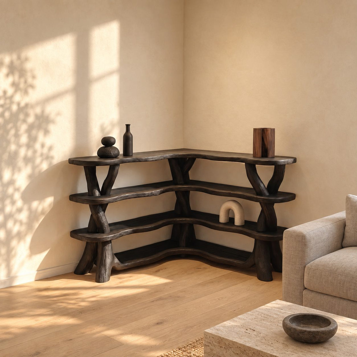 Low Corner Bookcase with Twisted Branch Legs and Wavy Live Edge Shelves, L Shaped Corner Bookshelf