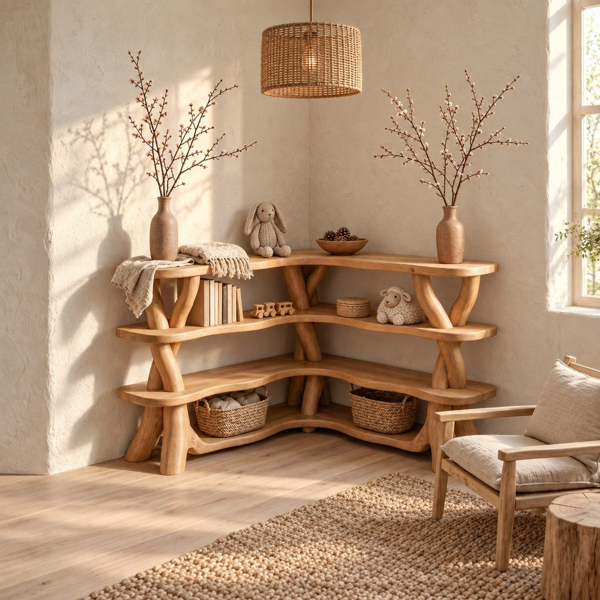 Low Corner Bookcase with Twisted Branch Legs and Wavy Live Edge Shelves, L Shaped Corner Bookshelf