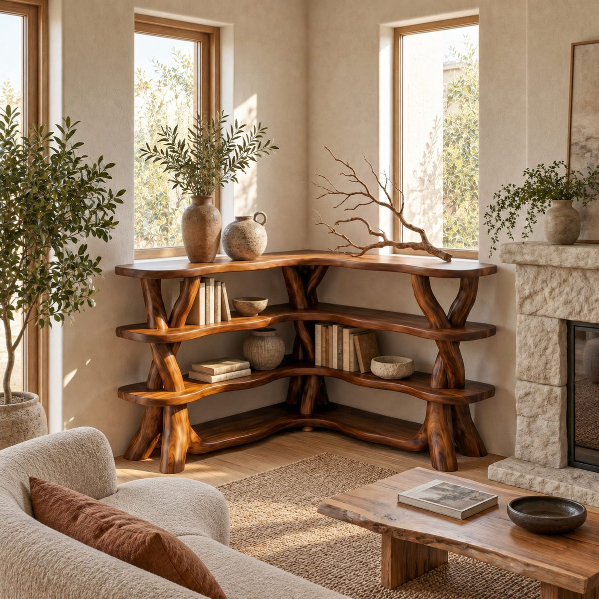 Low Corner Bookcase with Twisted Branch Legs and Wavy Live Edge Shelves, L Shaped Corner Bookshelf
