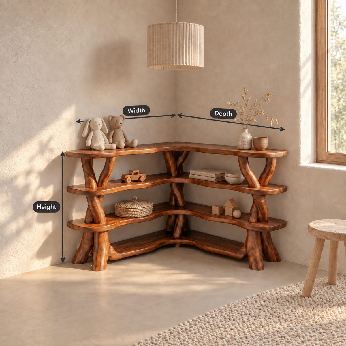 Low Corner Bookcase with Twisted Branch Legs and Wavy Live Edge Shelves, L Shaped Corner Bookshelf