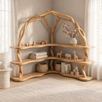 Arched Corner Bookcase with Twisting Tree Branch Frame and Wavy L Shaped Shelves, 80 Inch Statement