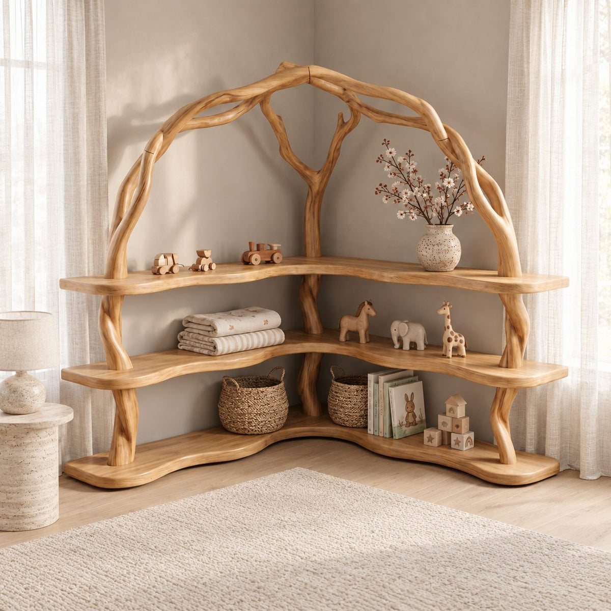 Arched Corner Bookcase with Twisting Tree Branch Frame and Wavy L Shaped Shelves, 80 Inch Statement