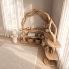 Arched Corner Bookcase with Twisting Tree Branch Frame and Wavy L Shaped Shelves, 80 Inch Statement