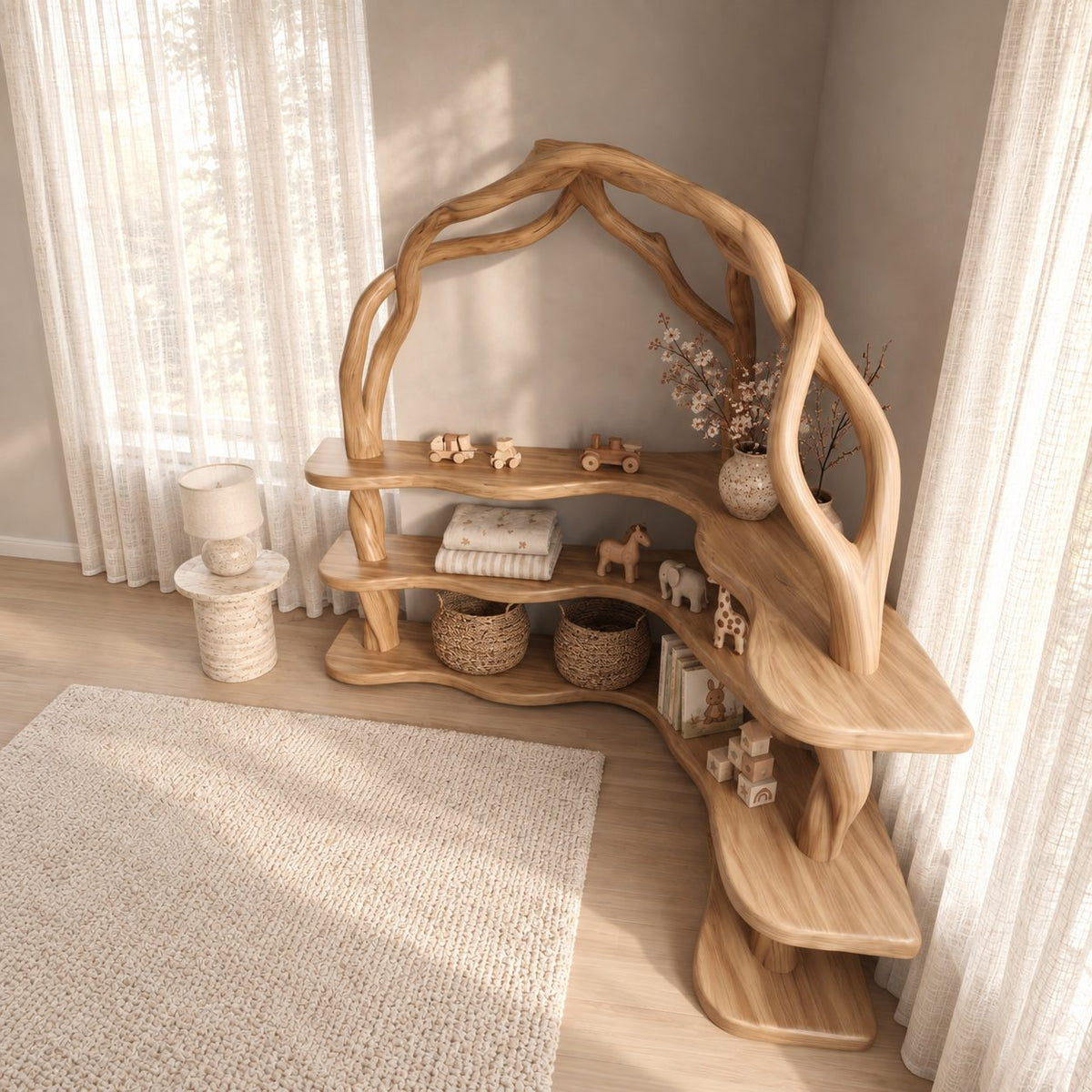 Arched Corner Bookcase with Twisting Tree Branch Frame and Wavy L Shaped Shelves, 80 Inch Statement