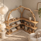 Arched Corner Bookcase with Twisting Tree Branch Frame and Wavy L Shaped Shelves, 80 Inch Statement