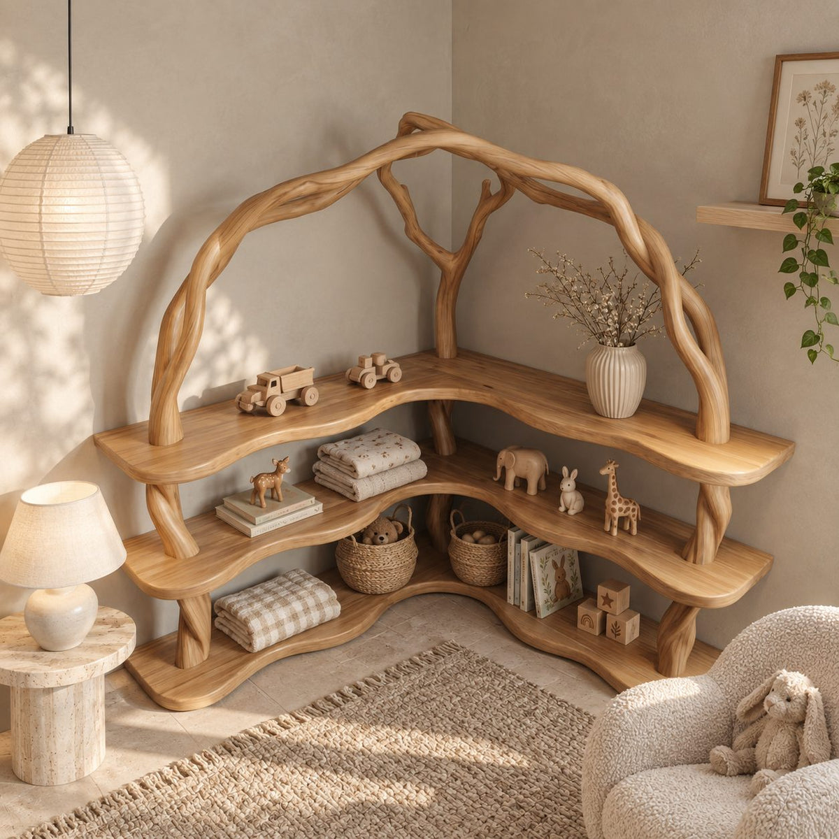Arched Corner Bookcase with Twisting Tree Branch Frame and Wavy L Shaped Shelves, 80 Inch Statement
