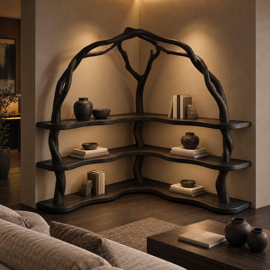 Arched Corner Bookcase with Twisting Tree Branch Frame and Wavy L Shaped Shelves, 80 Inch Statement