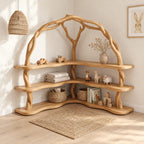 Arched Corner Bookcase with Twisting Tree Branch Frame and Wavy L Shaped Shelves, 80 Inch Statement