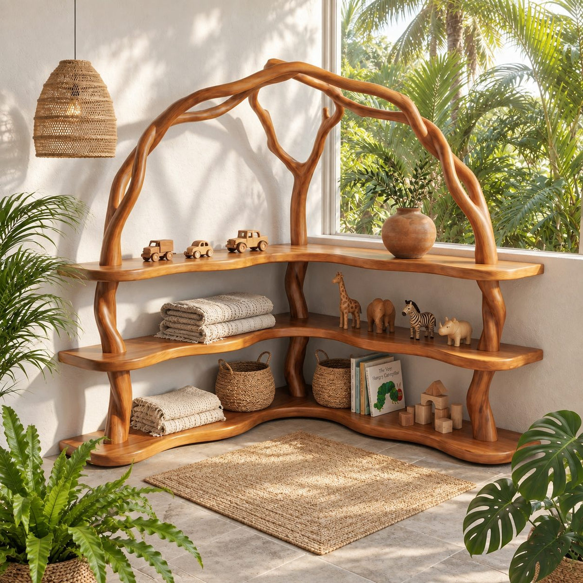 Arched Corner Bookcase with Twisting Tree Branch Frame and Wavy L Shaped Shelves, 80 Inch Statement