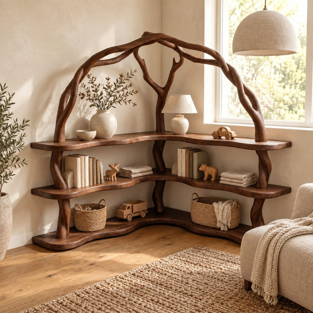 Arched Corner Bookcase with Twisting Tree Branch Frame and Wavy L Shaped Shelves, 80 Inch Statement