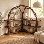 Arched Corner Bookcase with Twisting Tree Branch Frame and Wavy L Shaped Shelves, 80 Inch Statement