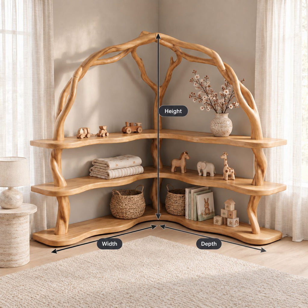 Arched Corner Bookcase with Twisting Tree Branch Frame and Wavy L Shaped Shelves, 80 Inch Statement