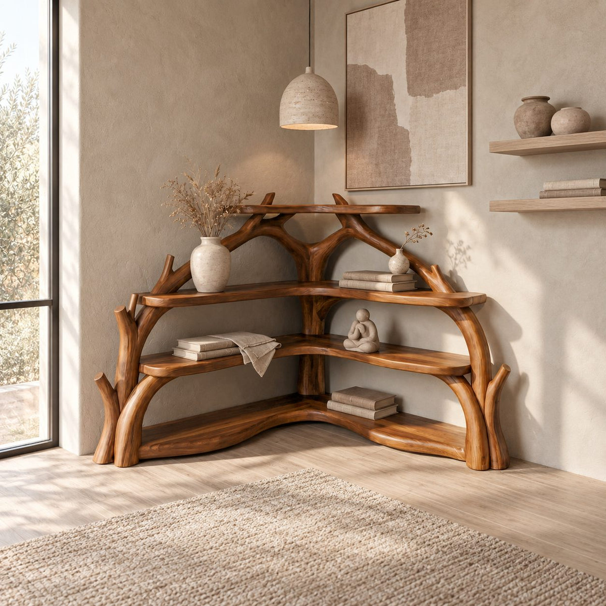 Sculptural Corner Bookcase with Curved Branch Supports and Wavy L Shaped Shelves, Display Bookcase