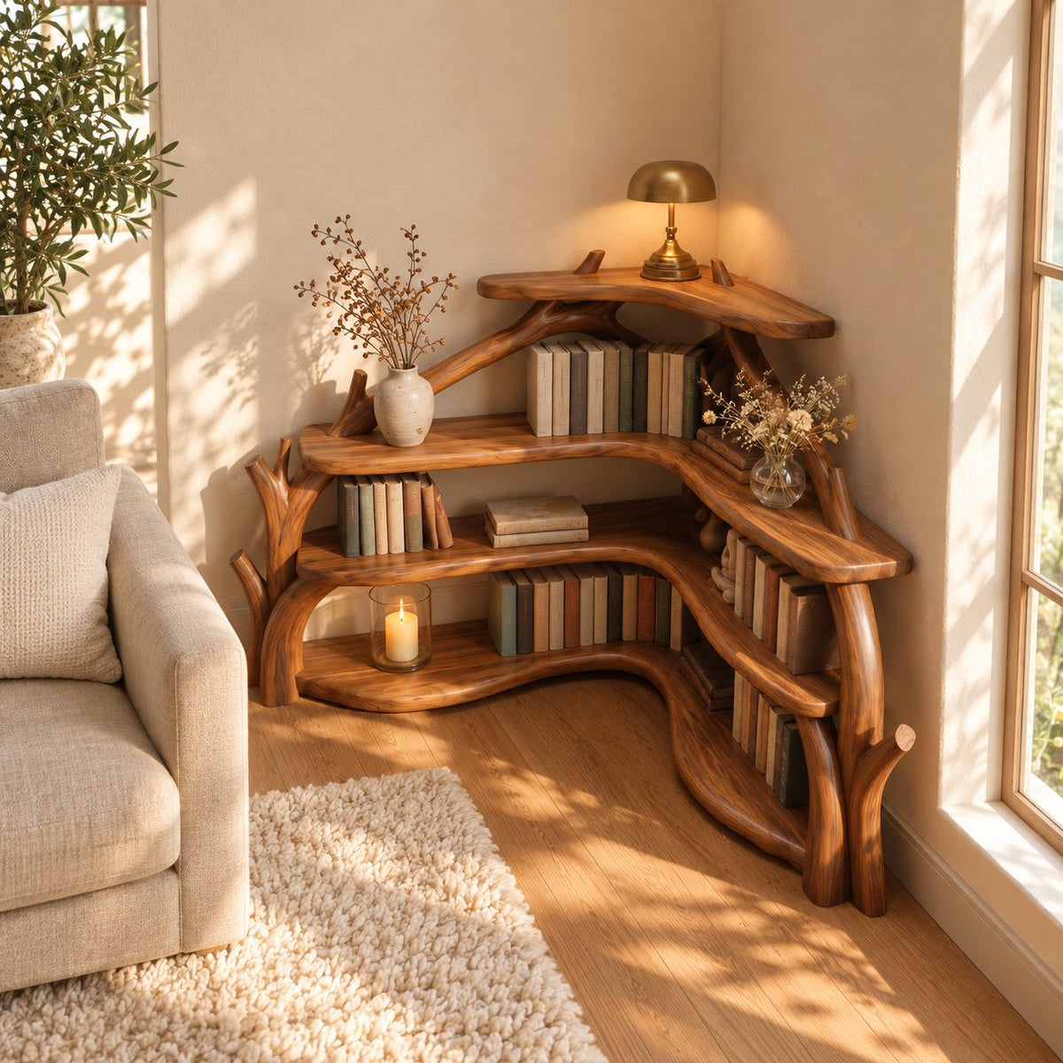 Sculptural Corner Bookcase with Curved Branch Supports and Wavy L Shaped Shelves, Display Bookcase