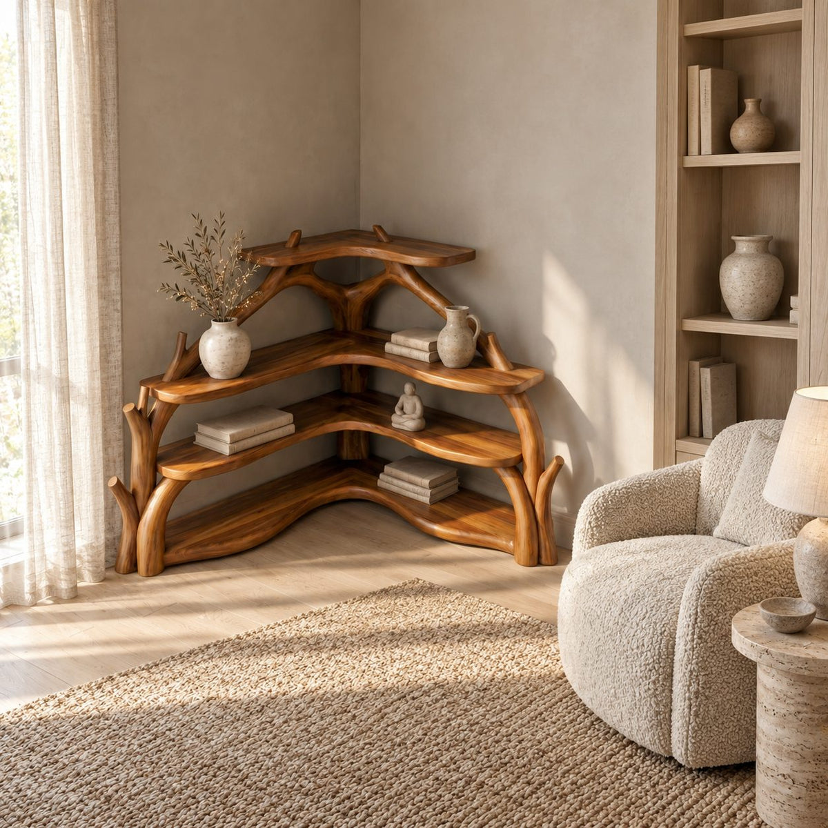 Sculptural Corner Bookcase with Curved Branch Supports and Wavy L Shaped Shelves, Display Bookcase