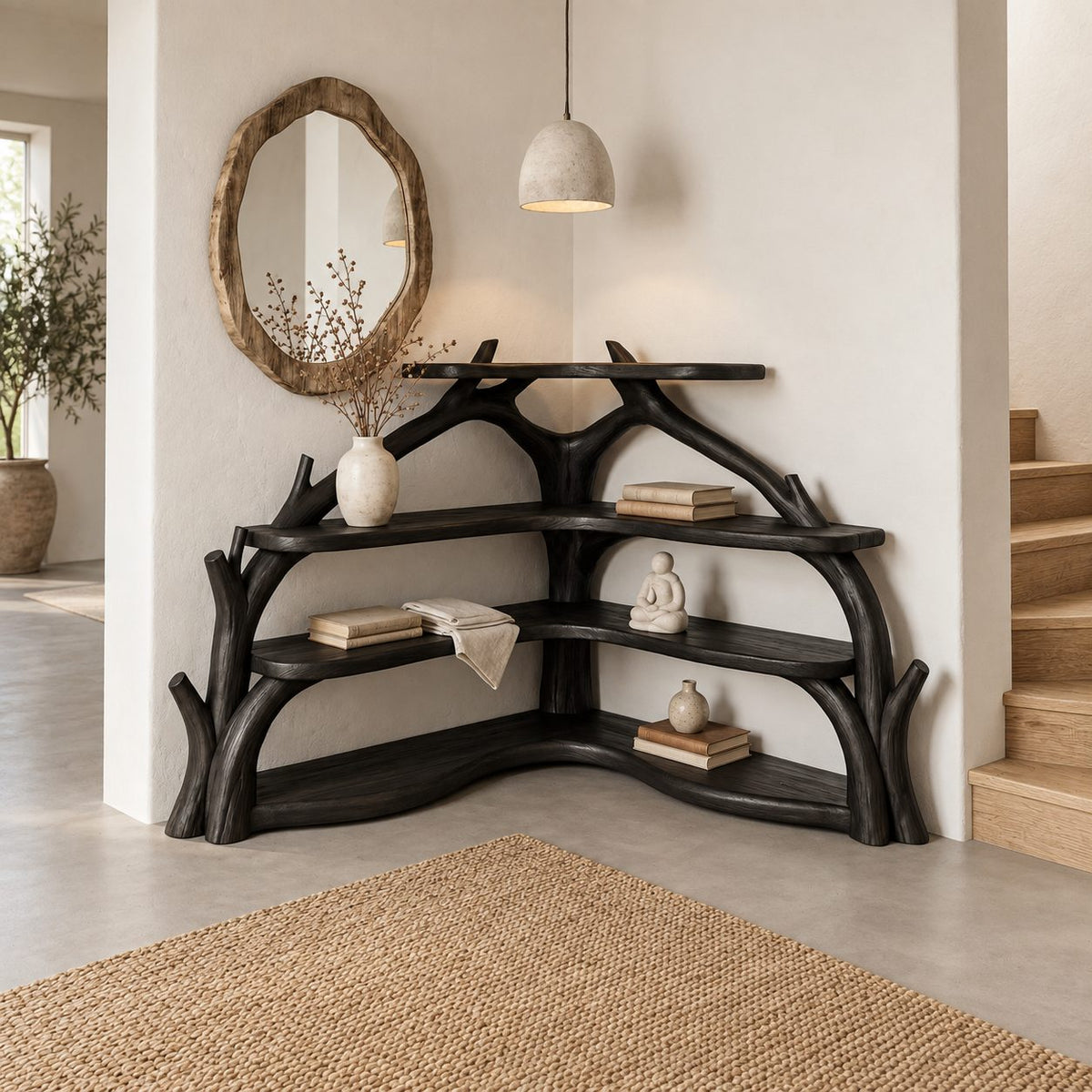 Sculptural Corner Bookcase with Curved Branch Supports and Wavy L Shaped Shelves, Display Bookcase