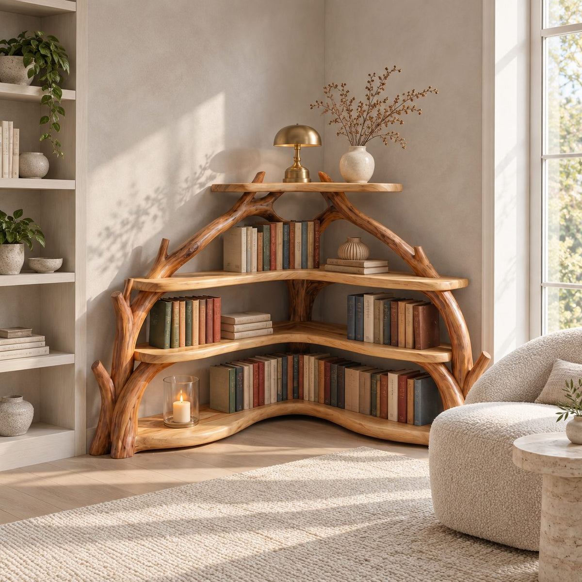 Sculptural Corner Bookcase with Curved Branch Supports and Wavy L Shaped Shelves, Display Bookcase