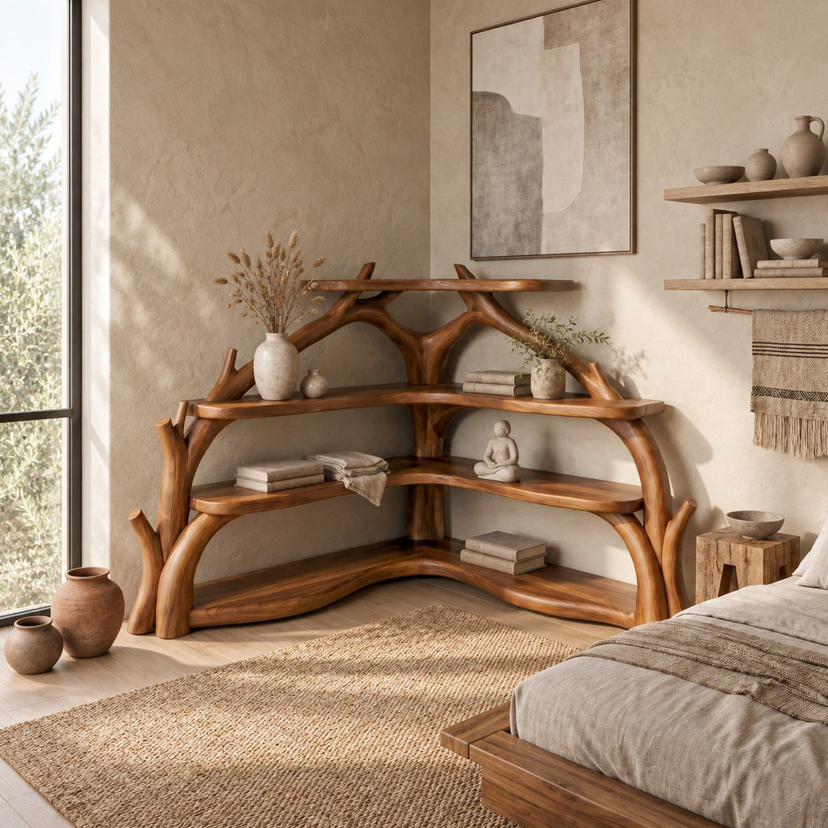 Sculptural Corner Bookcase with Curved Branch Supports and Wavy L Shaped Shelves, Display Bookcase
