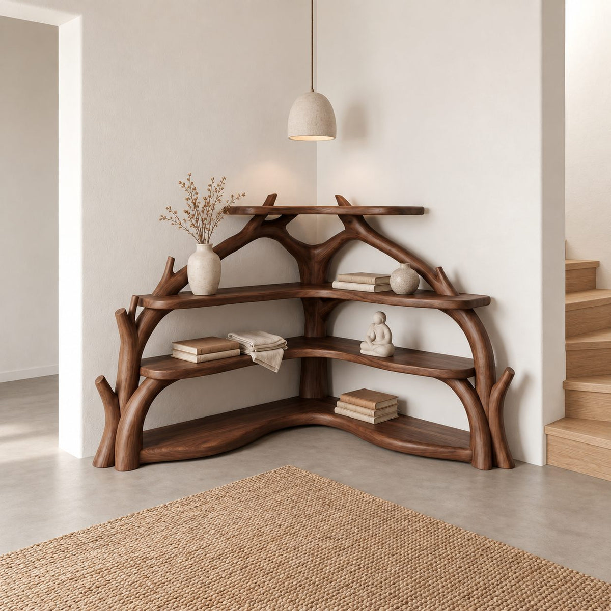 Sculptural Corner Bookcase with Curved Branch Supports and Wavy L Shaped Shelves, Display Bookcase