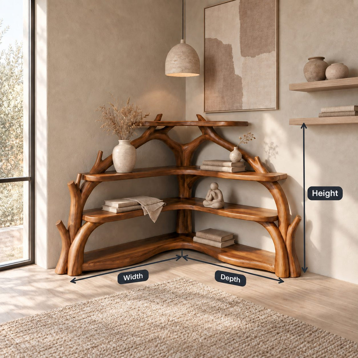 Sculptural Corner Bookcase with Curved Branch Supports and Wavy L Shaped Shelves, Display Bookcase