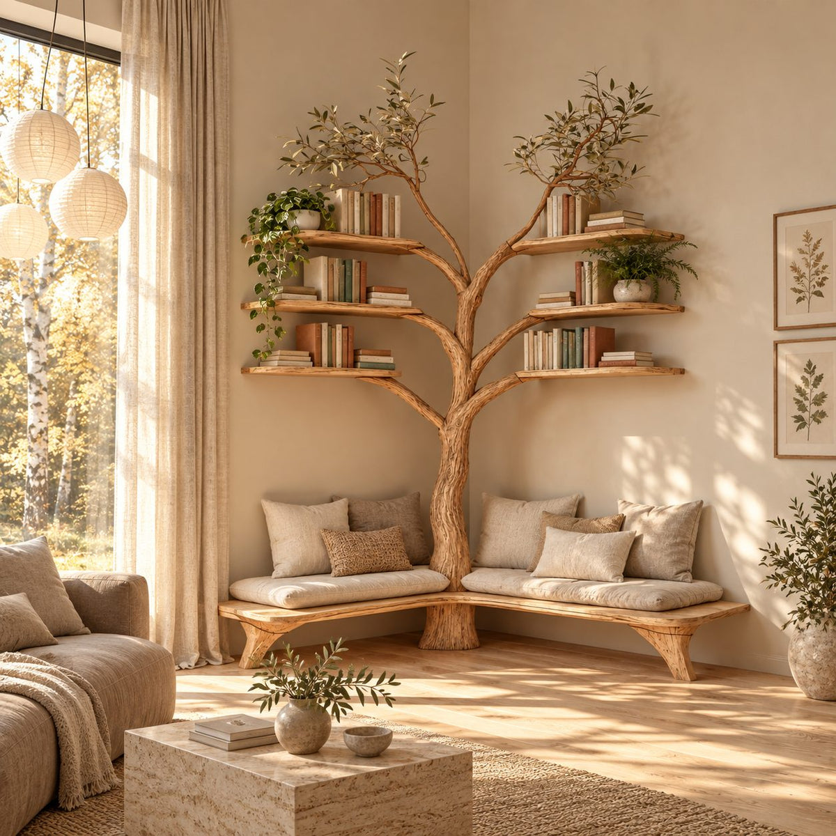 Corner Tree Bookshelf with L Shaped Entryway Bench and Floating Branch Shelves, Reading Nook Seat