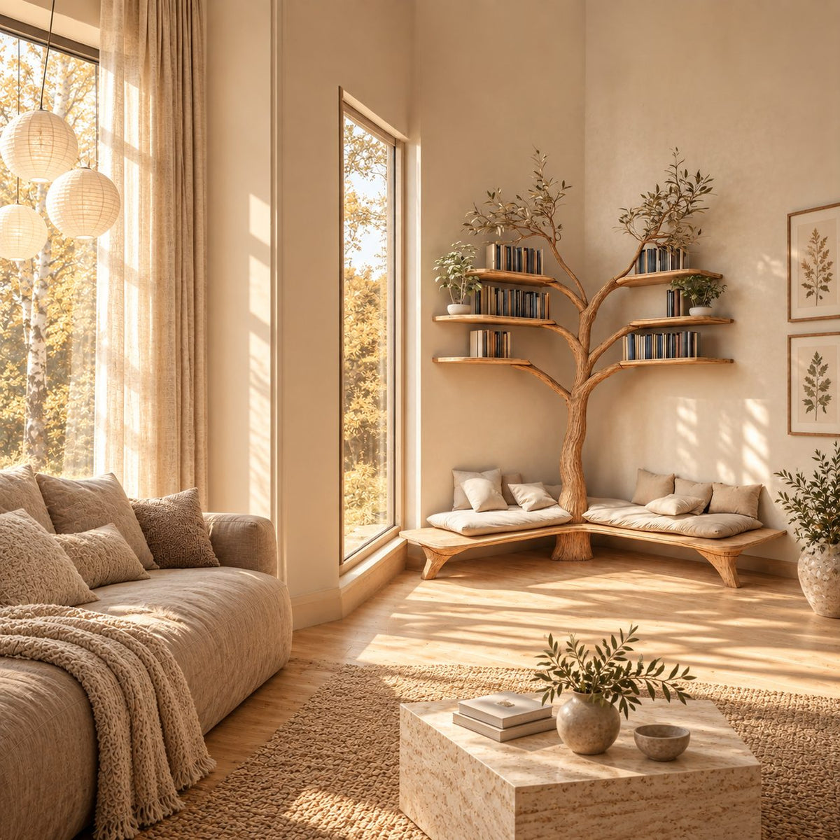 Corner Tree Bookshelf with L Shaped Entryway Bench and Floating Branch Shelves, Reading Nook Seat