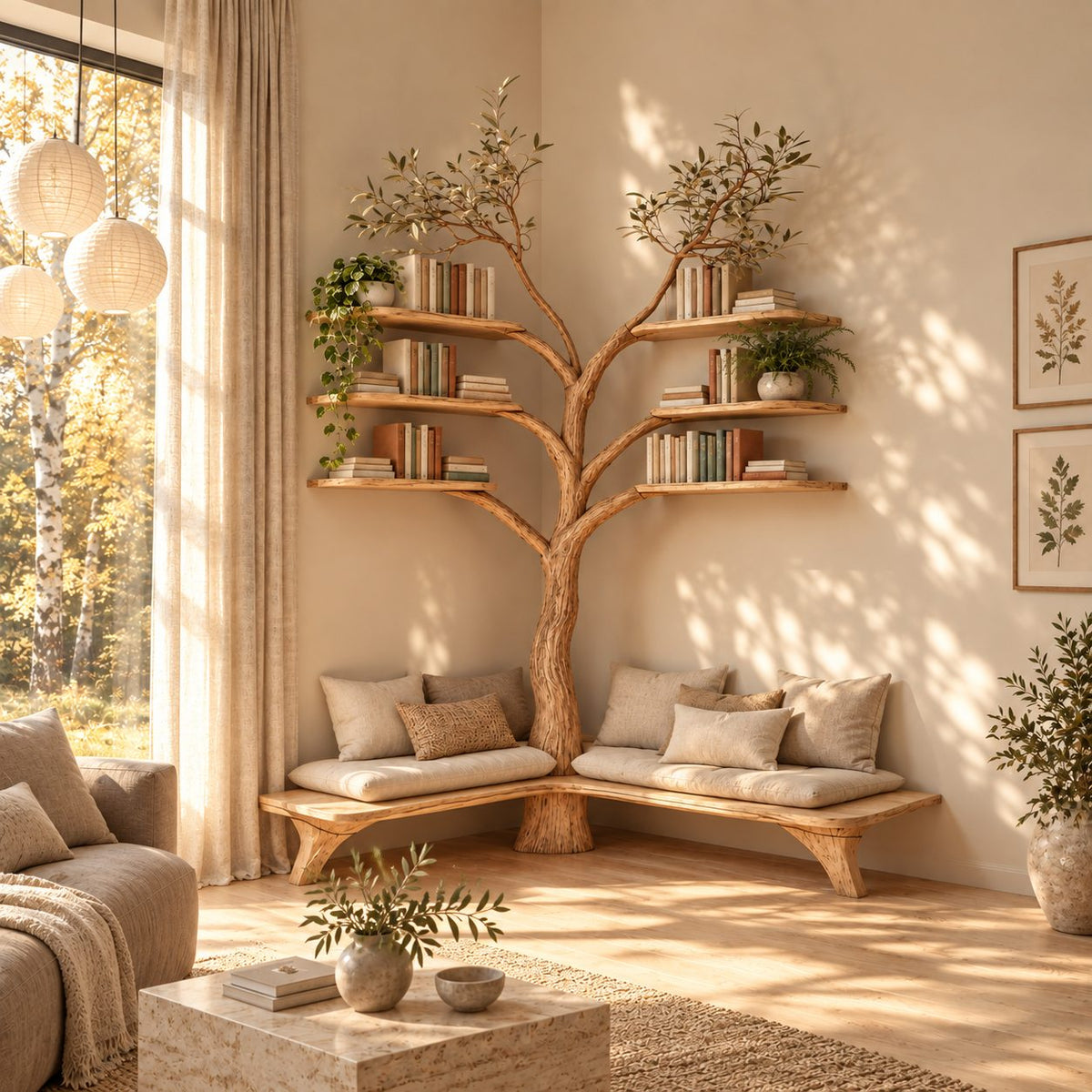 Corner Tree Bookshelf with L Shaped Entryway Bench and Floating Branch Shelves, Reading Nook Seat