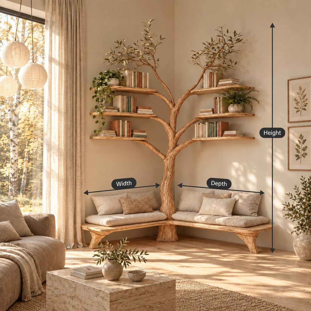 Corner Tree Bookshelf with L Shaped Entryway Bench and Floating Branch Shelves, Reading Nook Seat