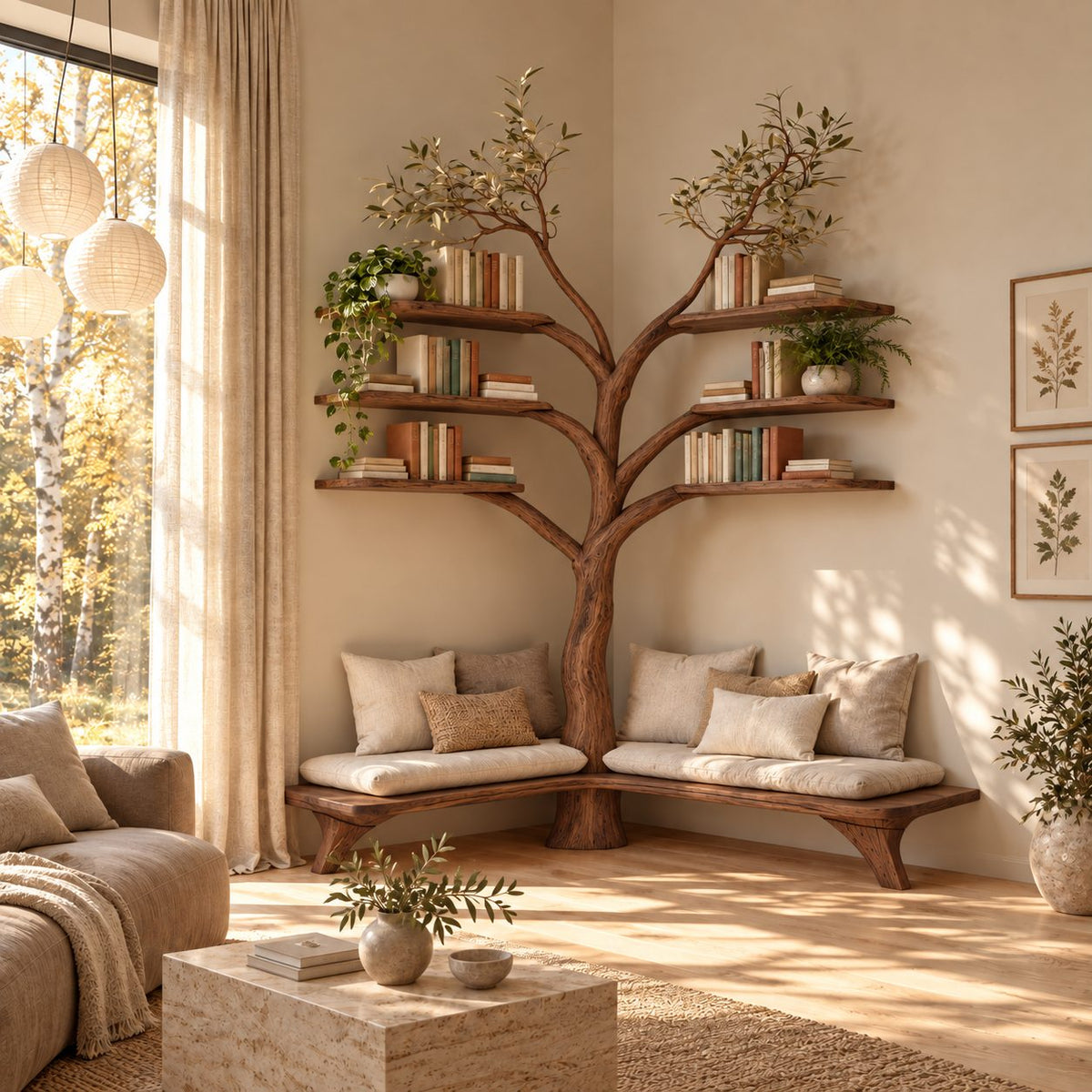 Corner Tree Bookshelf with L Shaped Entryway Bench and Floating Branch Shelves, Reading Nook Seat