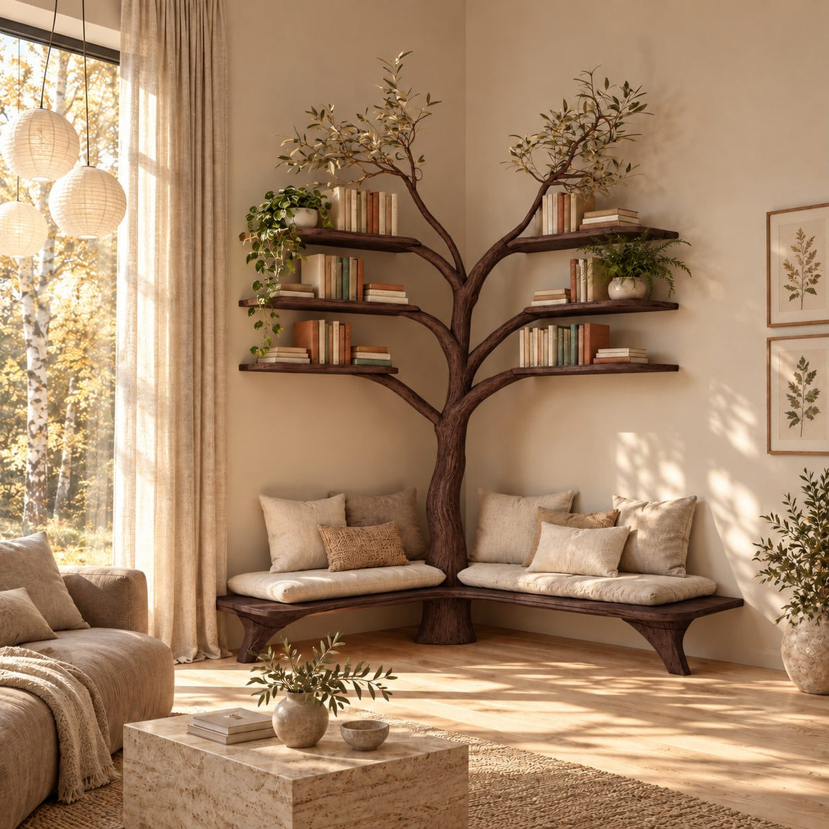 Corner Tree Bookshelf with L Shaped Entryway Bench and Floating Branch Shelves, Reading Nook Seat