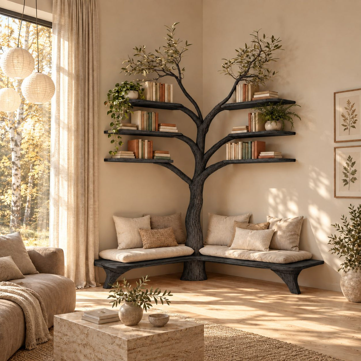 Corner Tree Bookshelf with L Shaped Entryway Bench and Floating Branch Shelves, Reading Nook Seat