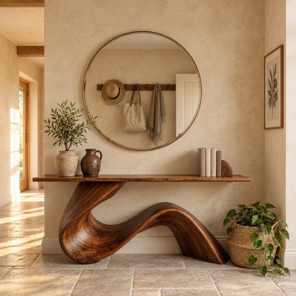 Live Edge Console Table with Wave Ribbon Base, Sculptural Solid Wood Entryway Table