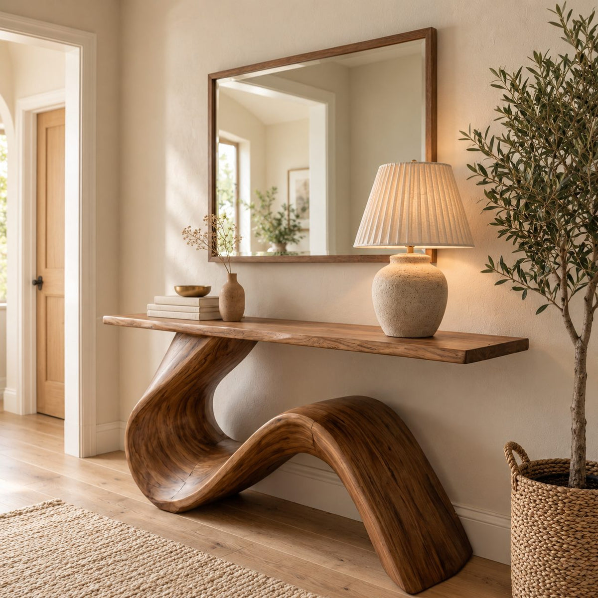Live Edge Console Table with Wave Ribbon Base, Sculptural Solid Wood Entryway Table