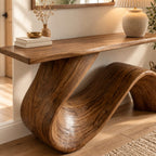 Live Edge Console Table with Wave Ribbon Base, Sculptural Solid Wood Entryway Table