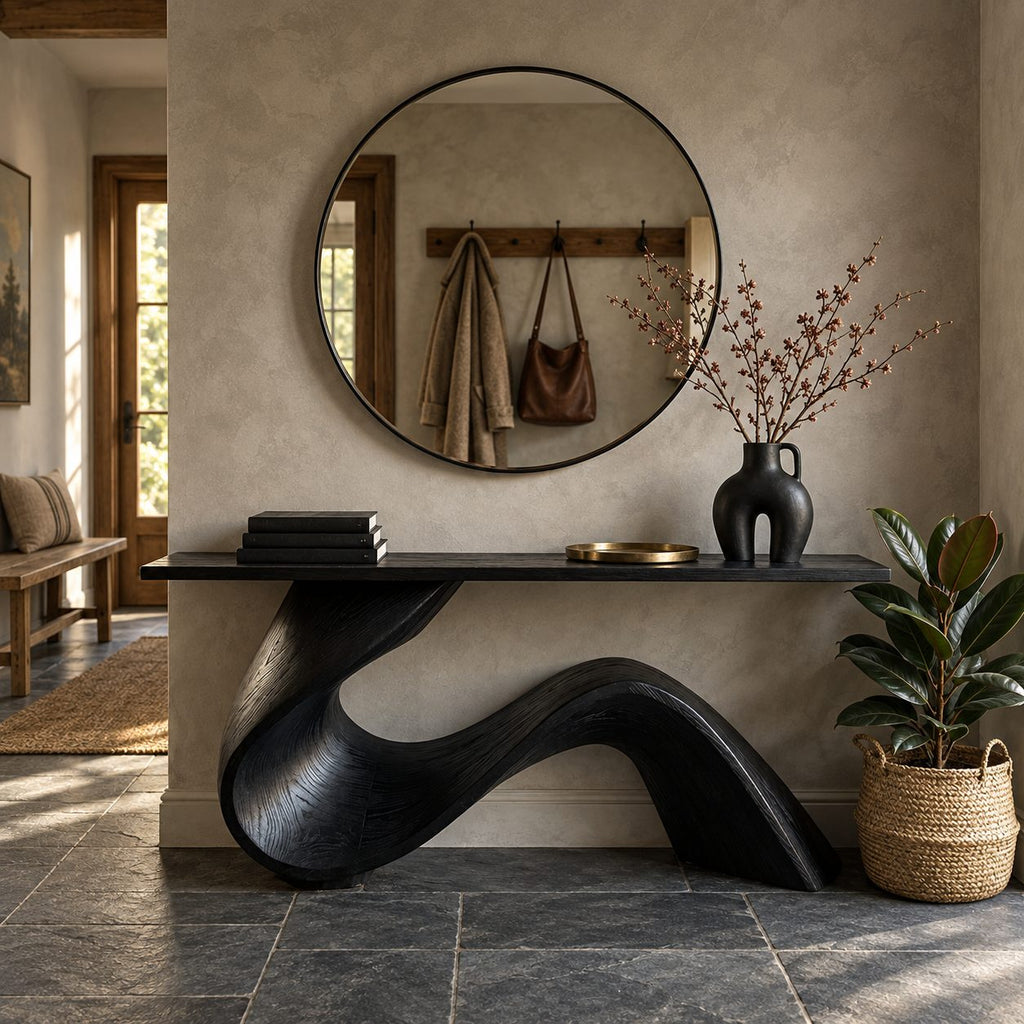 Live Edge Console Table with Wave Ribbon Base, Sculptural Solid Wood Entryway Table