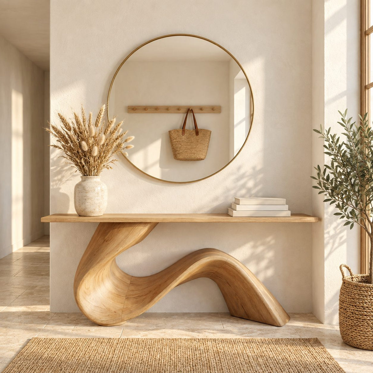 Live Edge Console Table with Wave Ribbon Base, Sculptural Solid Wood Entryway Table