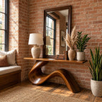 Live Edge Console Table with Wave Ribbon Base, Sculptural Solid Wood Entryway Table