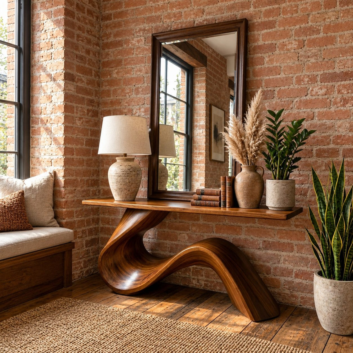 Live Edge Console Table with Wave Ribbon Base, Sculptural Solid Wood Entryway Table