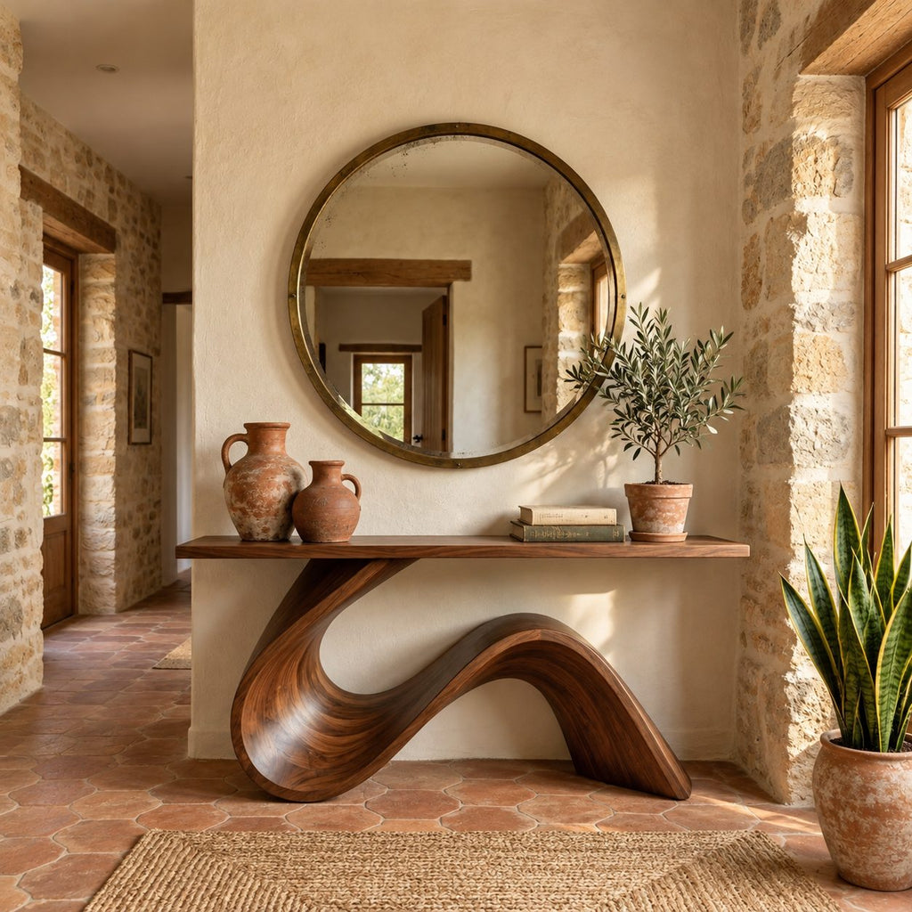 Live Edge Console Table with Wave Ribbon Base, Sculptural Solid Wood Entryway Table